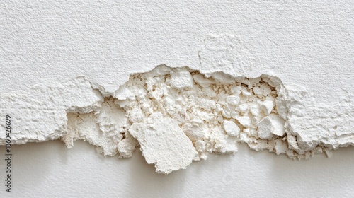 Close-up of peeling white paint revealing textured plaster surface showing damage and decay
