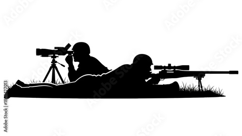 Military snipers or special forces soldiers lying in grass aiming long range rifle