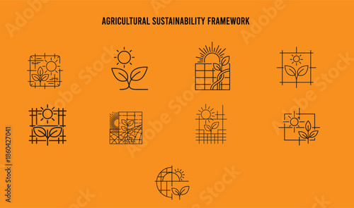 agriculture sustainability framework icon set  line art 