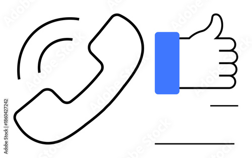 Communication concept. Symbols of a phone receiver and thumbs-up signify communication success. Communication builds connections and feedback. For customer service, telecommunication apps