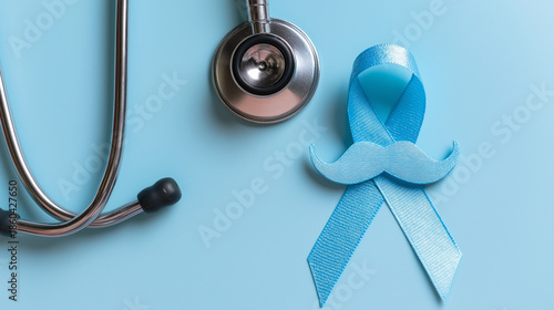 Blue Prostate Cancer Awareness Ribbon with Mustache and Stethoscope on Light Blue Background, Men’s Health Concept, Medical Support, Prevention and Healthcare Awareness with Copy Space