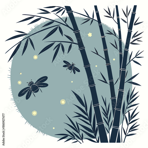 Traditional oriental bamboo forest silhouette with fireflies and moon in dark blue tones for zen style background or wall art design featuring night insects and tall stalks with leaves composition