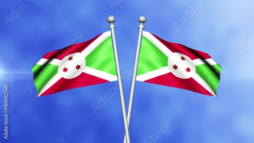 Burundi Crossed Flags Waving in Blue Sky Loop Animation | Realistic 3D National Flag Background