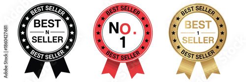 Number 1 best seller vector badge in circular shape with ribbon, flat gradient design suitable for icons, logos, labels, seals, symbols, stamps, stickers, and retail or e commerce branding projects.