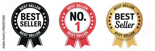 Number 1 best seller vector circle badge with ribbon, featuring a simple flat gradient label, perfect for icons, logos, signs, seals, symbols, stamps, and stickers for marketing and product promotion.