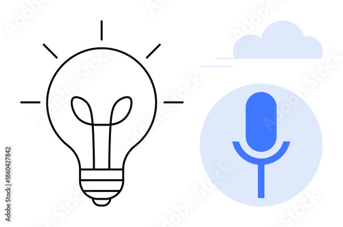 Creativity, innovation, digital content, brainstorming, podcasting, communication. Light bulb and microphone icons with a cloud element. Creativity and innovation concept