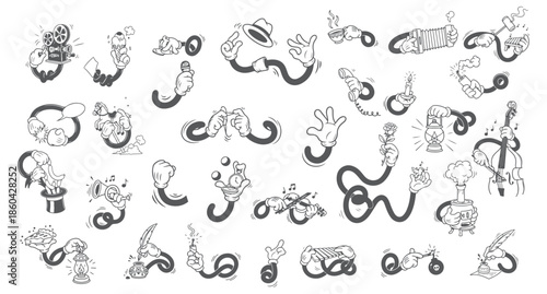 Old School Comic Style Hands Mega Pack. Expressive Animated Arms in Black and White Sketch Drawing.