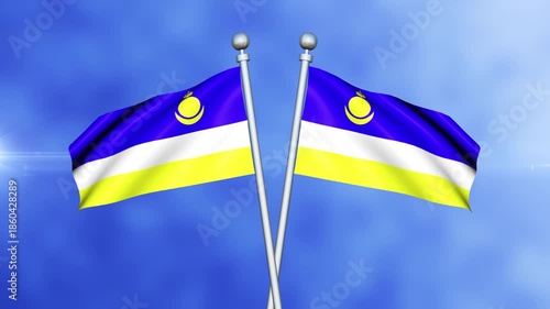 Buryatia Crossed Flags Waving in Blue Sky Loop Animation | Realistic 3D National Flag Background