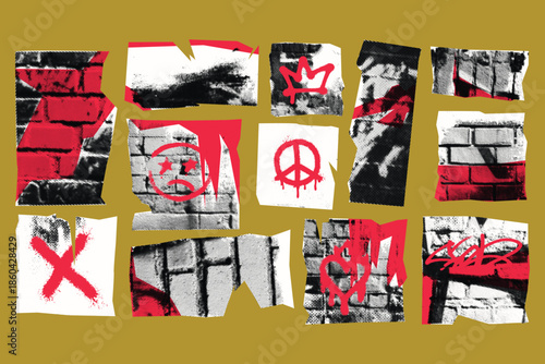 Grunge protest posters set, torn paper collage, punk street style
