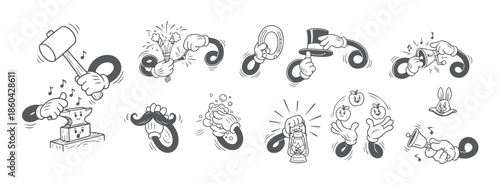 Retro Cartoon Comic Hands Set, Vintage Mascot Character Actions and Gestures.