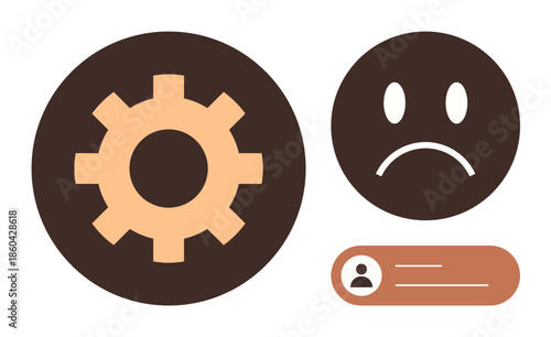 Gear and sad face show troubleshooting or technical problems. User tag highlights personalization issue. Ideal for support, IT, error concepts, usability, emotions, and technology metaphor. Simple