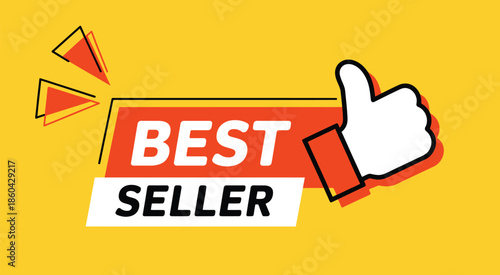 Best seller banner vector illustration on yellow background with thumbs up symbol, perfect for advertising, sales campaigns, online stores, and promotional marketing graphics.