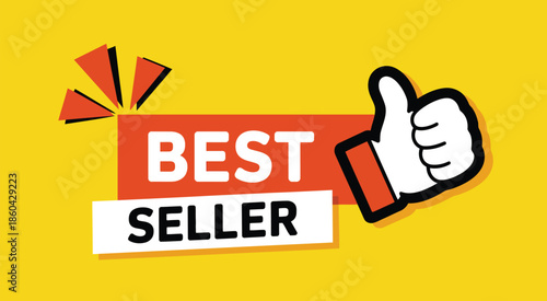 Red and white vector banner with best seller text on yellow background, featuring thumbs up icon, suitable for product promotion, marketing, e commerce, and retail design projects.