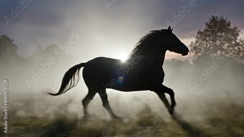 Graceful black horse running free across foggy field against dusk sky with flowing mane and tail