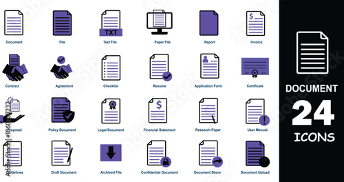 Document and Paperwork Vector Icon Set for Office Administration, Legal Contracts, Invoices, Financial Reports and Policy Management UI UX Design