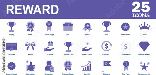 25 Reward and Achievement Icon Set for Loyalty Programs, Success, and Gamification. Professional Vector Icons for Trophy, Medal, Cashback, Milestone, and Incentive.