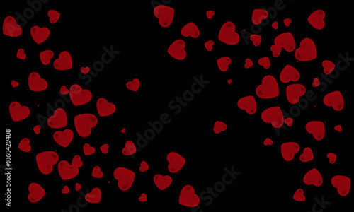 Red hearts scattered over a black background for valentine's day or romantic themed designs and backgrounds