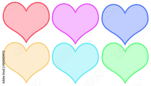 Collection of six colorful hearts in pastel shades arranged in two rows on a white background, perfect for design and decoration purposes, featuring a variety of vibrant hues and soft colors.