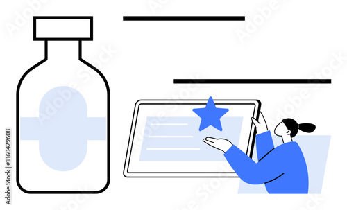 Healthcare services, patient feedback, quality rating, medication, reviews, user interaction. Medicine bottle and person engaging with rating interface. Healthcare services and patient feedback