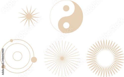 Sacred geometry symbols set, sun and yin yang, minimal line style
