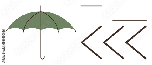 Green umbrella with hooked handle alongside minimal lines and angular shapes. Ideal for weather, safety, protection, minimalism, simplicity, motion, and abstract design. A simple flat metaphor