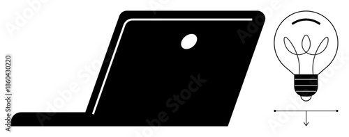 Innovation, creativity, design, technology solutions, brainstorming, digital ideation. Laptop silhouette next to a light bulb with a measurement arrow. Innovation and creativity in technology context