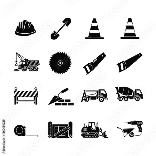 Construction site icons set with various tools and equipment displayed