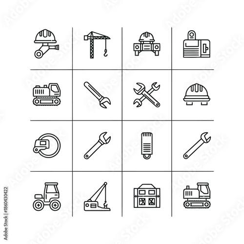 Collection of Construction Tools and Machinery Icons in Grid Layout
