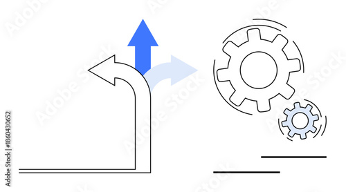 Business strategy, decision-making, process flow, operational improvement, innovation, progress. Two arrows diverging and gear icons suggesting efficient systems. Business strategy
