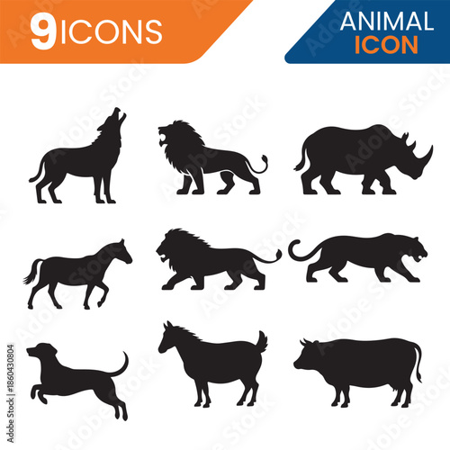 nine distinct animal icons are showcased in black silhouettes displaying a wolf lion rhino horse and more silhouette