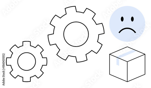 Logistics challenge. Gear mechanism, sad emotion, and a shipping box highlight logistics challenges in operations. Logistics explores inefficiencies, shipping errors, and workflow problems