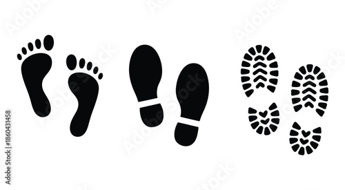 Shoe and bare foot print set featuring vector icons of footprints and shoe impressions, ideal for walking, hiking, fitness, educational, and instructional design projects in clean minimal style.