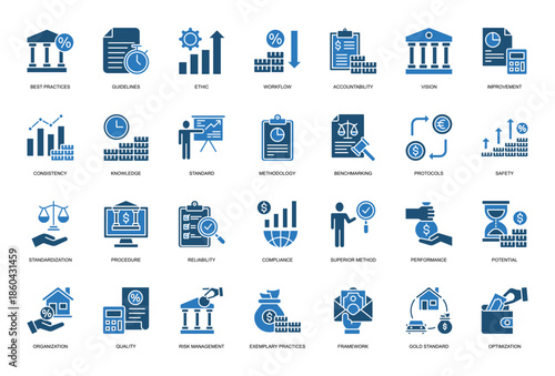 Best Practice Solid Icon set. Containing Best Practices, Guidelines, Ethic, Workflow, Accountability, Vision 