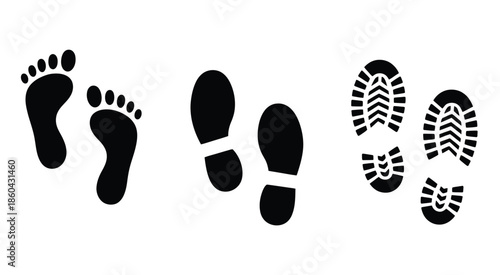 Shoe and bare foot print vector collection showcasing detailed footprints, shoe silhouettes, and bare foot icons,