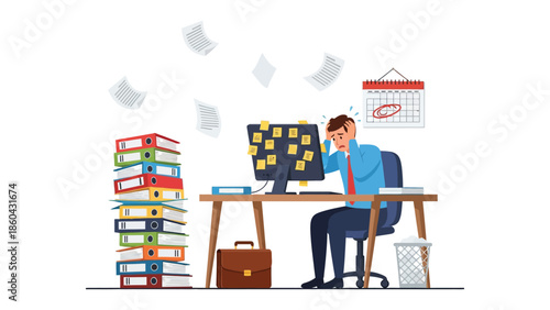 Stressed Office Worker at Desk with Piles of Documents – Deadline Pressure Vector Illustration.eps