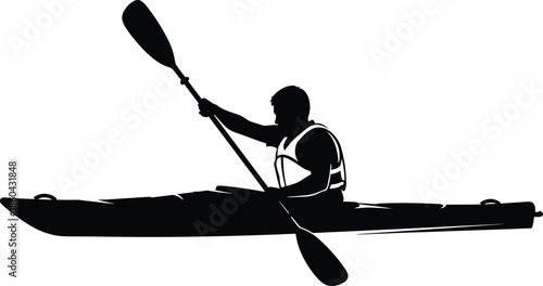 Kayaking silhouette vector illustration, man paddling kayak in black and white, water sports outdoor recreation, river adventure rowing activity, isolated athletic male athlete.