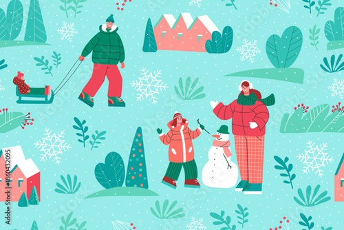 Seamless winter landscape pattern with trees, houses, and  happy family spending time outdoors. Father pulling child on sled while mother and child build snowman. Winter family activities