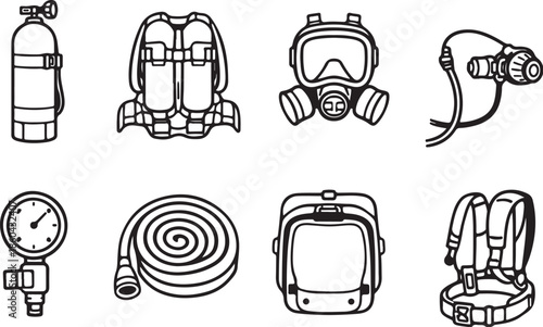 Firefighter Breathing Equipment Line Art Icons Set eps