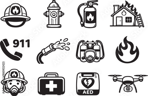 Firefighter Essential Equipment and Emergency Icons Line Art Set eps