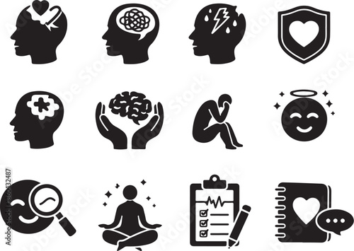 Mental Health And Emotional Wellness Silhouette Icons eps