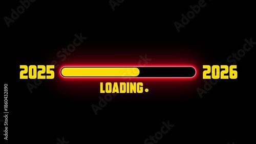 Neon New year 2026 loading bar animation on black background. Glowing Loading bar from 2025 to 2026 motion graphics. Loading Bar Progress From 4k video footage.