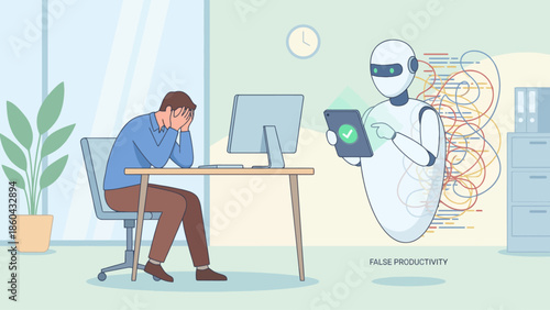 A stressed office worker overwhelmed by tasks is helped by a robot displaying a checkmark on a tablet, symbolizing AI-driven productivity.