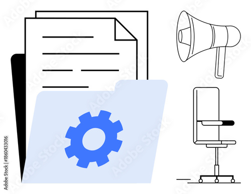 Business strategy, workflow organization, corporate communication, administrative tasks, office management, and digital process optimization. File folder with gear icon, megaphone, office chair