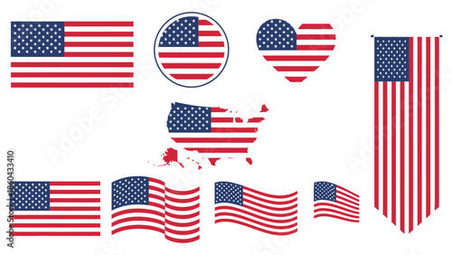 USA flag icon set isolated on white background. American holidays 4th of July banner in flat style. Veteran Day and Memorial Day vector illustration.eps