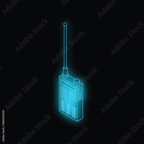 Neon blue isometric walkie talkie radio transmitting on black background