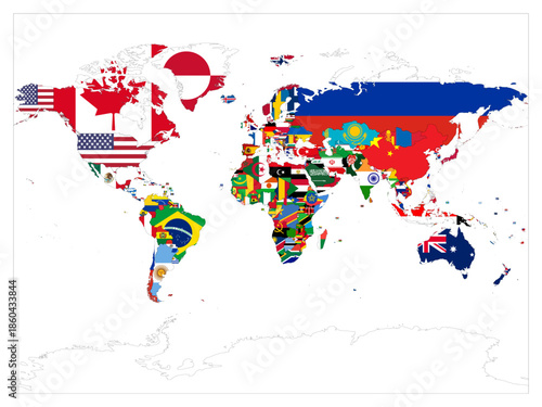 A world map filled with various national flags representing each country. The flags cover geographical boundaries. Different colors and symbols reflect global diversity.