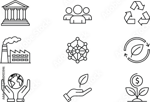 Sustainable business and environmental care line icons set featuring recycling symbols green energy leaves global protection factory emissions and financial growth through ecology
