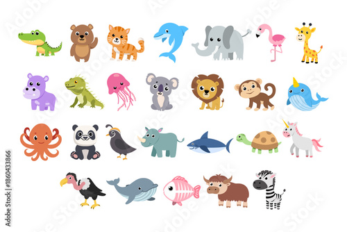 Cute cartoon animal collection with wild farm and sea animals, colorful flat design icons for kids and education