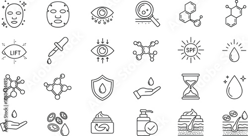 Complete set of skincare and dermatology line icons featuring facial masks anti-aging serums SPF protection molecular structures and skin cell regeneration symbols