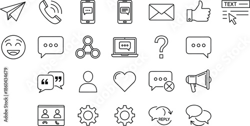 Modern communication and social media line icons set featuring speech bubbles paper planes smartphones video calls likes and messaging notification symbols